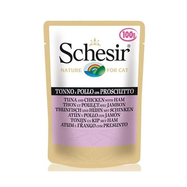 Schesir Ton Balıklı Tavuklu Ve Jambonlu Pouch Konserve Yetişkin Kedi Maması 100 Gr