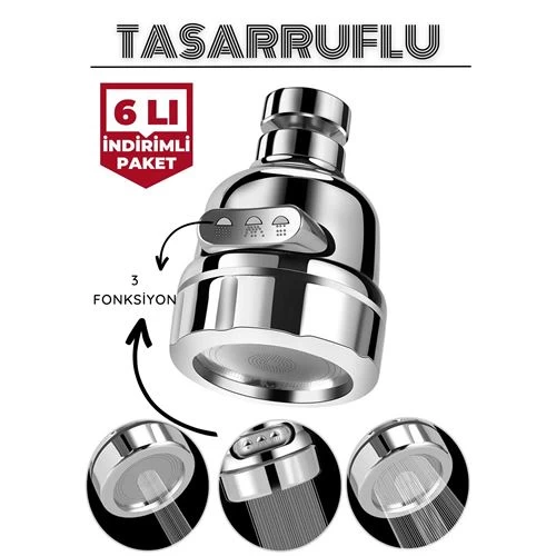 Transformacion 6 Adet 3 Fonksiyonlu Tasarruflu Musluk Başlığı Krom