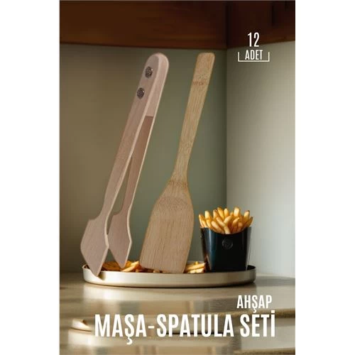 Transformacion 5+1 Set Ahşap Spatula Maşa Seti Doğal Gürgen Ağacı