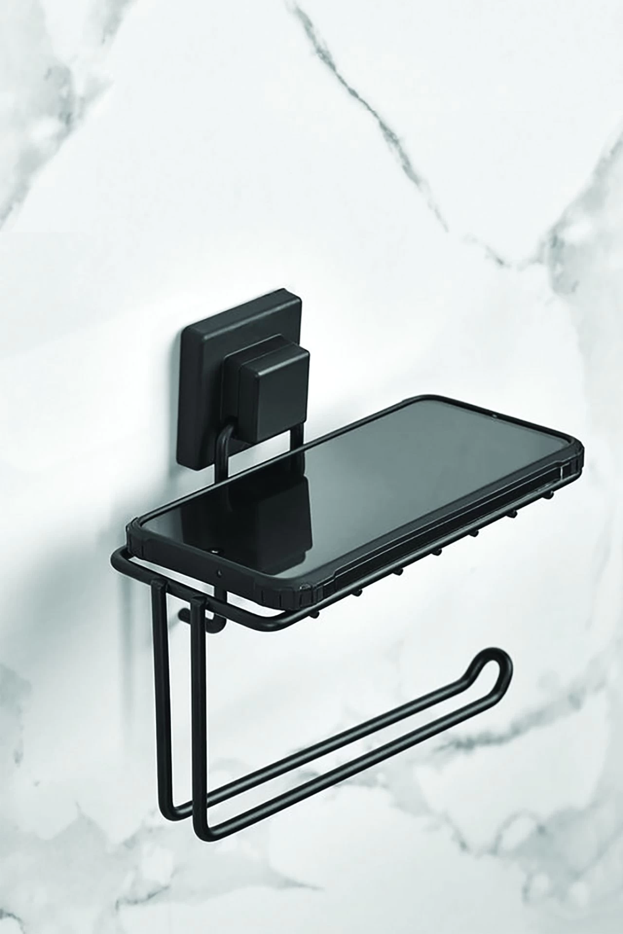 Kare Başlıklı Telefon Standlı Yapışkanlı Siyah Wc Kağıtlık