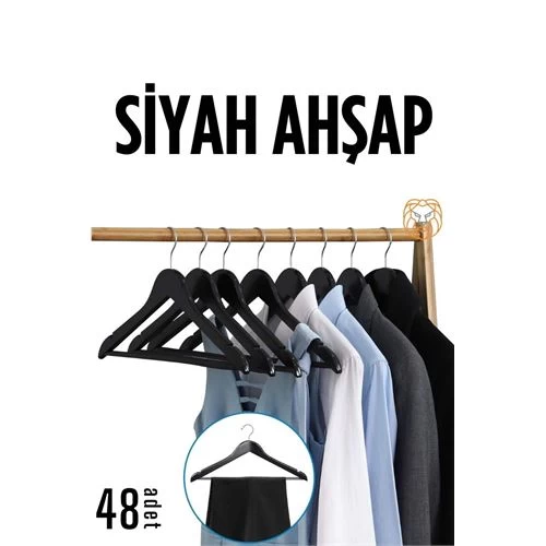 Transformacion 48 Adet Elbise Askısı Siyah Ahşap