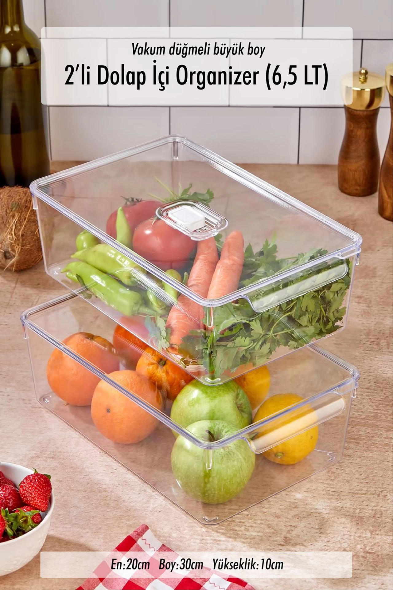 2'li Büyük Boy Vakum Düğmeli Kapaklı Dolap İçi Organizeri & Kırılmaz Düzenleyici Kutu (6,5lt)