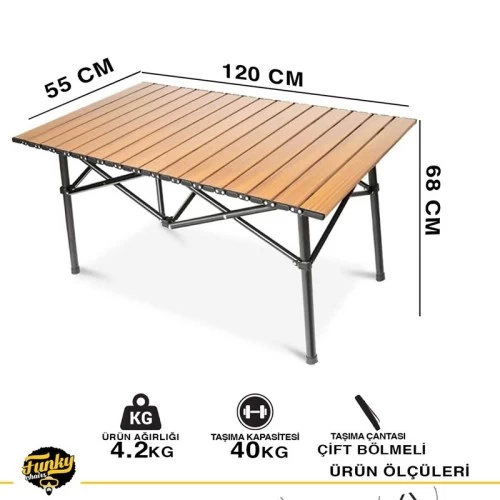 Family Xl Katlanabilir Alüminyum Kamp Masası - Ahşap Desen (120x55x68)