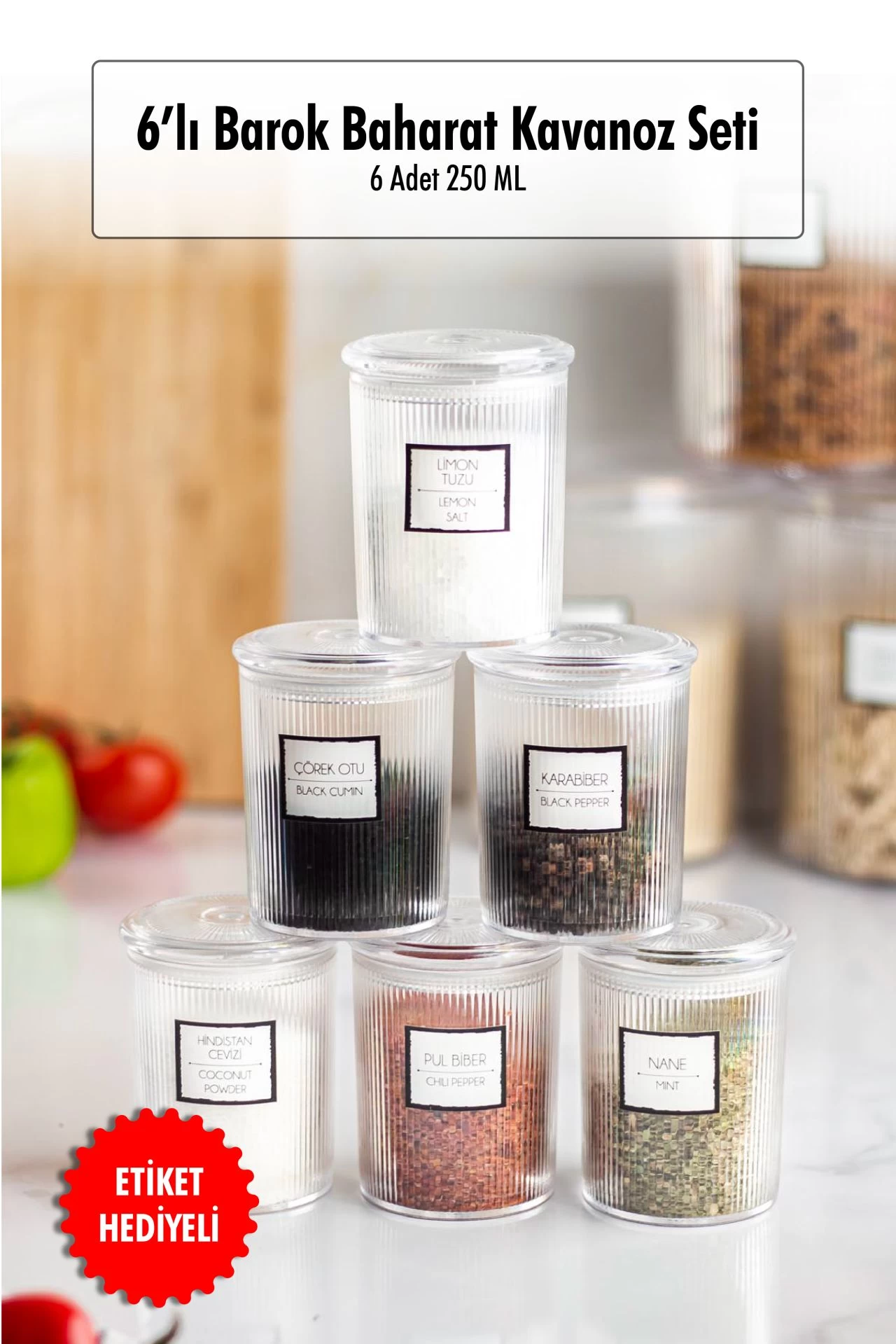 6'lı Barok Yuvarlak Baharat Kavanoz Seti & Saklama Kabı & Erzak Kabı (6*250 Ml)